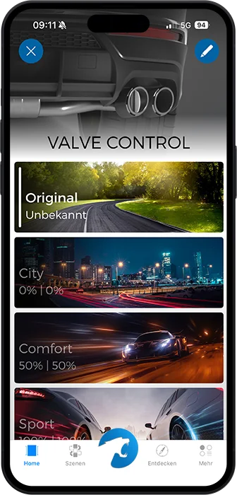 Изглед от приложението Valve Control с профили за клапите Original, City, Comfort и Sport